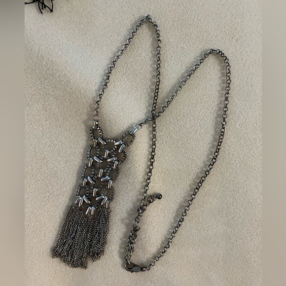 Boho Woven Silver Metal Pendant with Tassels - Picture 2 of 2